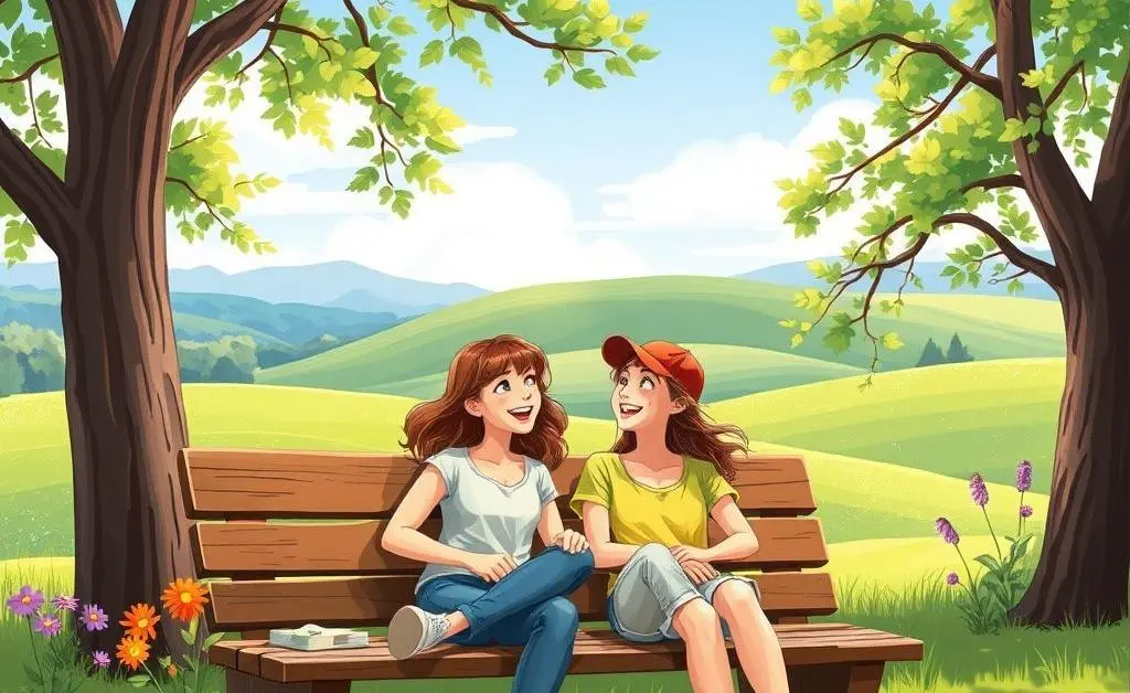 Two friends chatting on a park bench