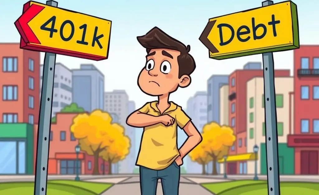 A cartoon person standing at a crossroads with '401k' and 'Debt' signs pointing in opposite directions