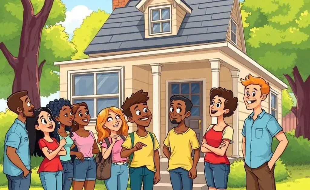 Cartoon image of a friend group discussing an empty house they are viewing.