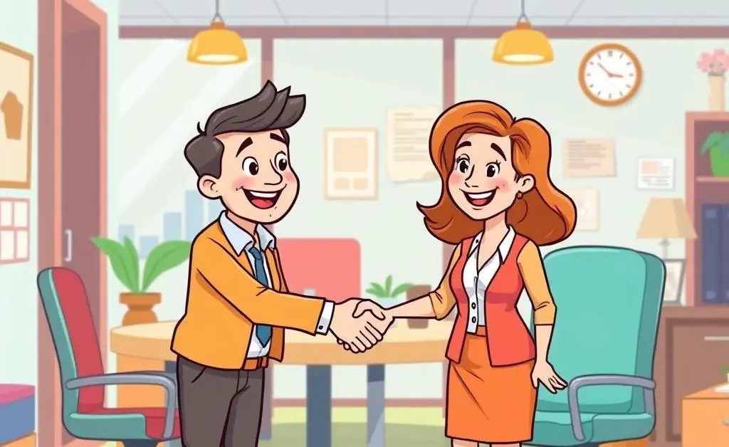A lighthearted cartoon of two people shaking hands in a lively and colorful office setting.