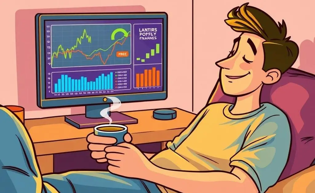 A person sitting comfortably with a cup of coffee, computer screen showing financial graphs in a cartoon style.