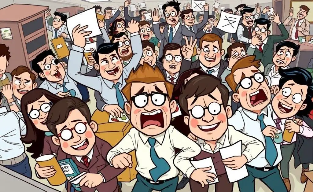Office workers scrambling for lunch break with comical expressions