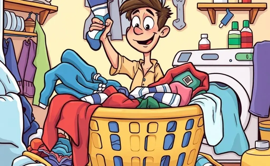 A humorous scene of someone finding a matching sock in a laundry pile.