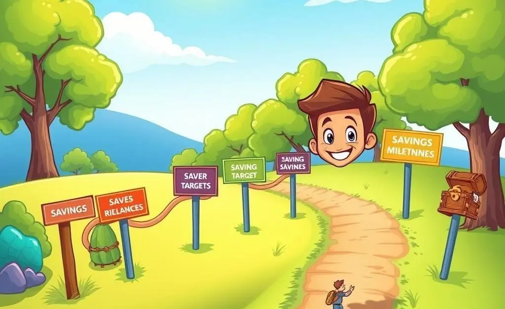 A cartoon image depicting a person on a path, stopping at various savings milestones