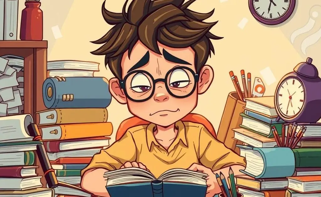 A relatable image of a person amid study materials.