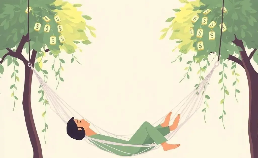A minimalist-style illustration of a person relaxing in a hammock with money trees in the background