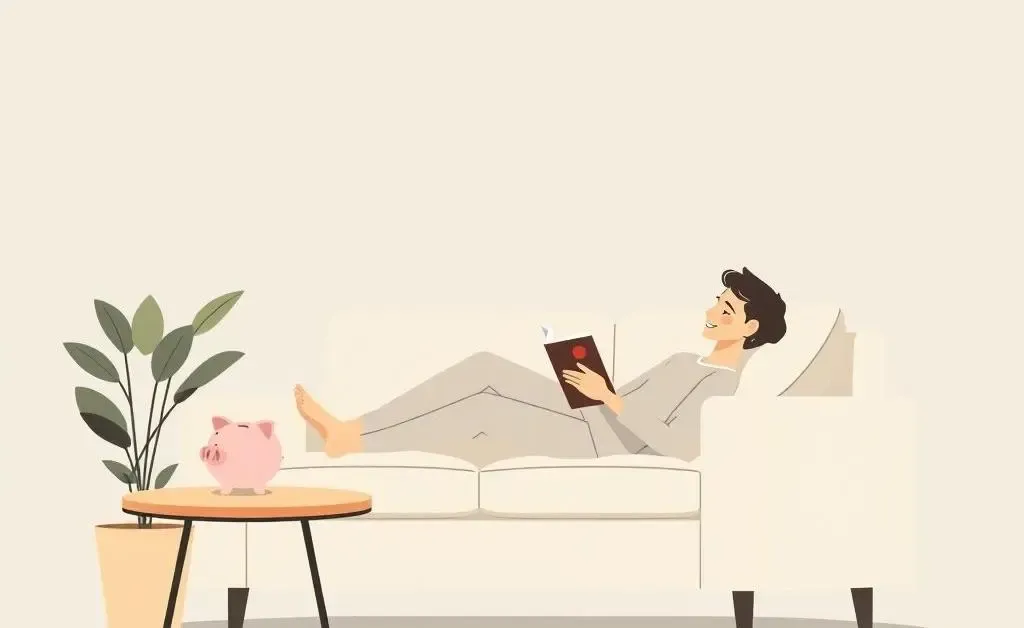 Person relaxing on a couch with a book next to a piggy bank and a plant