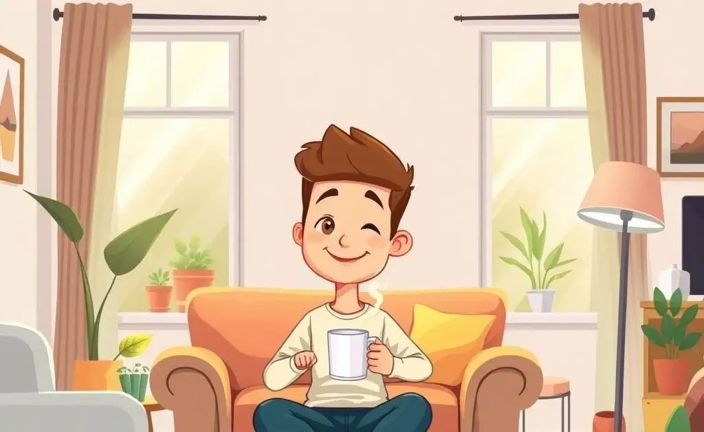 Cartoon of a person sitting in a new home, sipping tea, and feeling relaxed after purchasing.