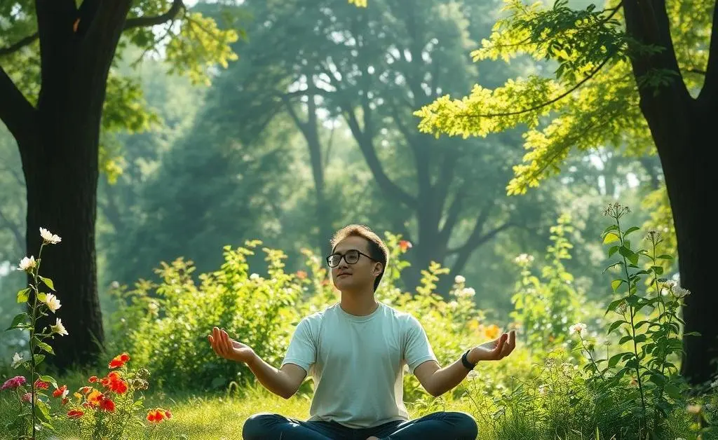 A peaceful scene of someone meditating in nature, representing relaxation techniques before exams.
