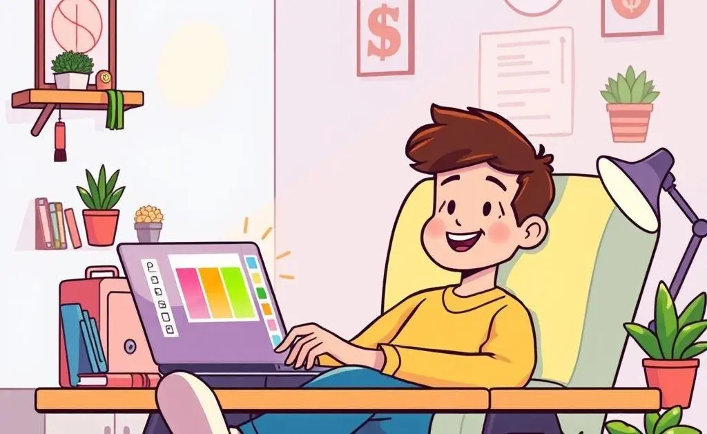 Cartoon-style image of a relaxed person using a colorful budget planner on their laptop.