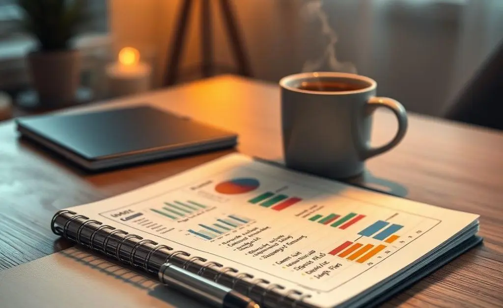 A relaxed financial planning scene with a notepad and coffee cup.