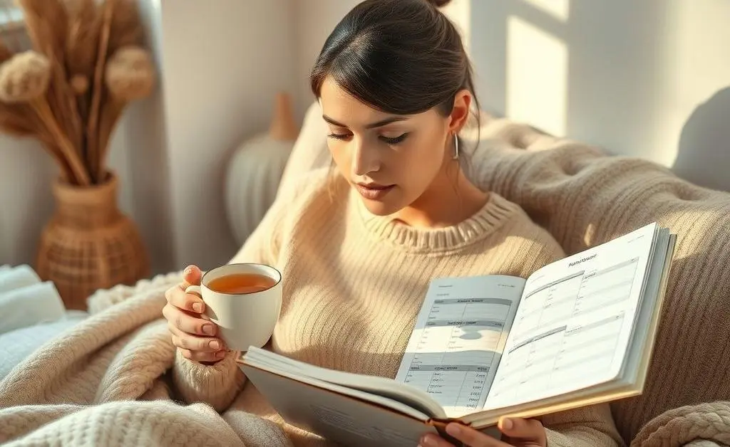 Person sipping tea and working on a budget planner