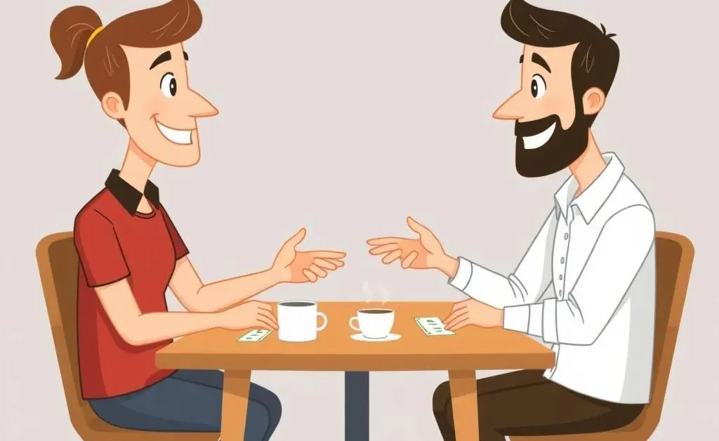 A cartoon-style couple sitting at a table, discussing their finances with coffee on the table