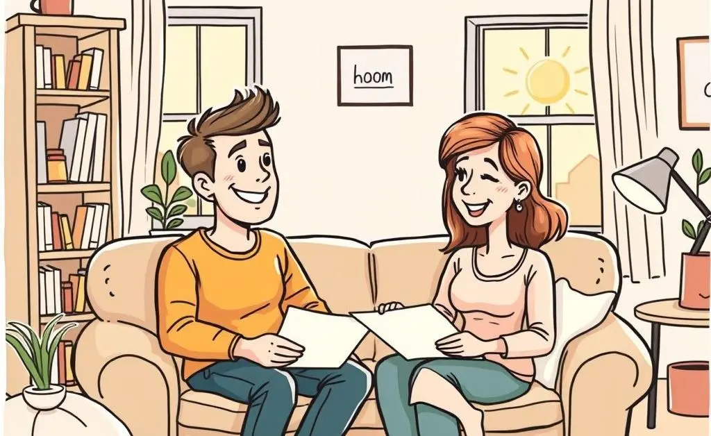 A cartoon or hand-drawn image of a relaxed couple discussing their construction financing options at home