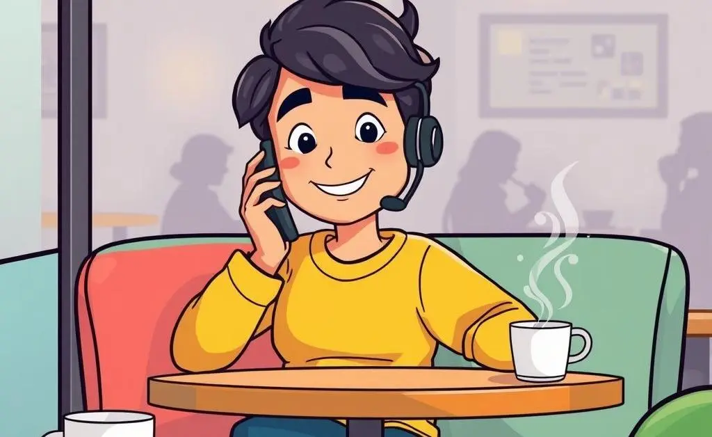 Cartoon image of a relaxed person on a phone call with customer service, coffee cup nearby.