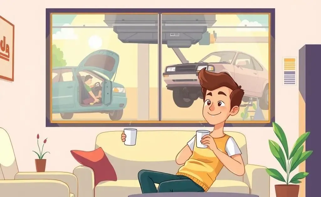 Customer calmly waiting in a car repair shop's waiting room