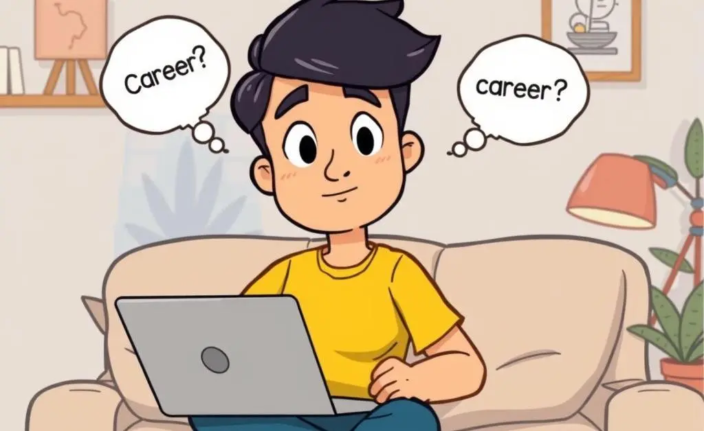 Cartoon-style illustration of an individual contemplating career decisions at home.