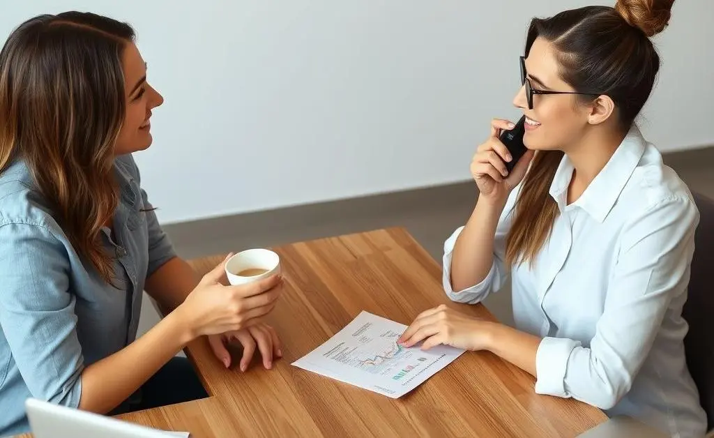 Friends discussing finances at a cafe