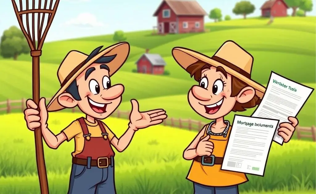 Two cartoon characters having a friendly discussion about farming tools and mortgage papers.