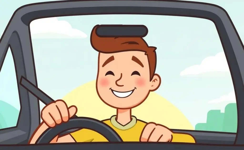 A cartoon-style image of a calm driver driving on a sunny day with a smile.