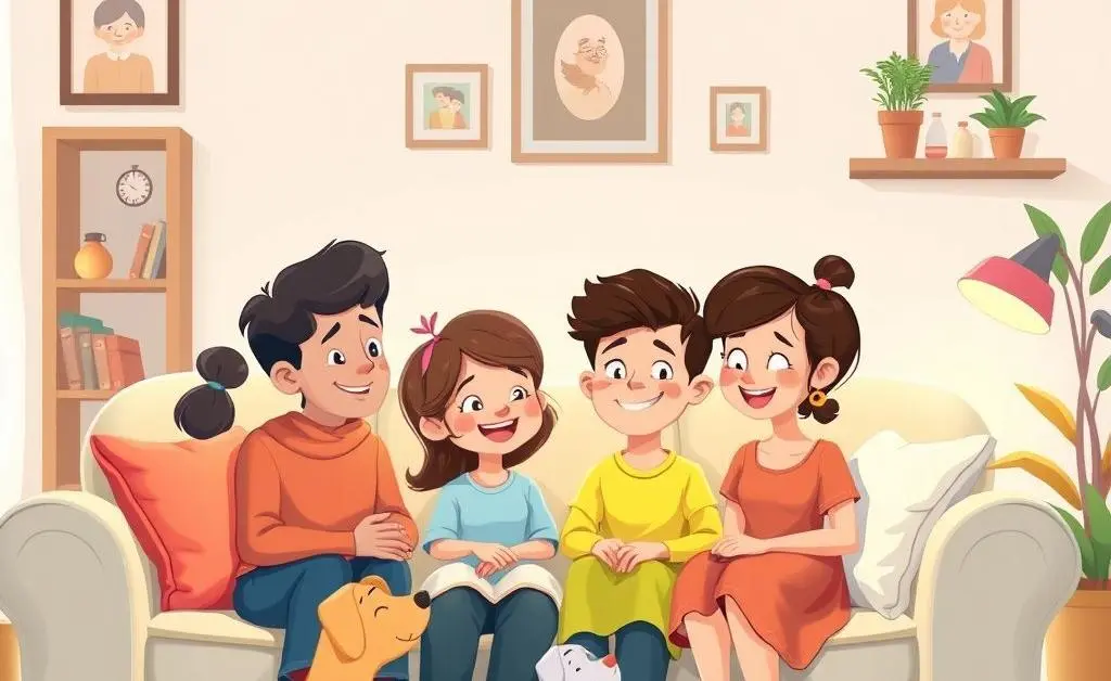 Cartoon family having a relaxed discussion