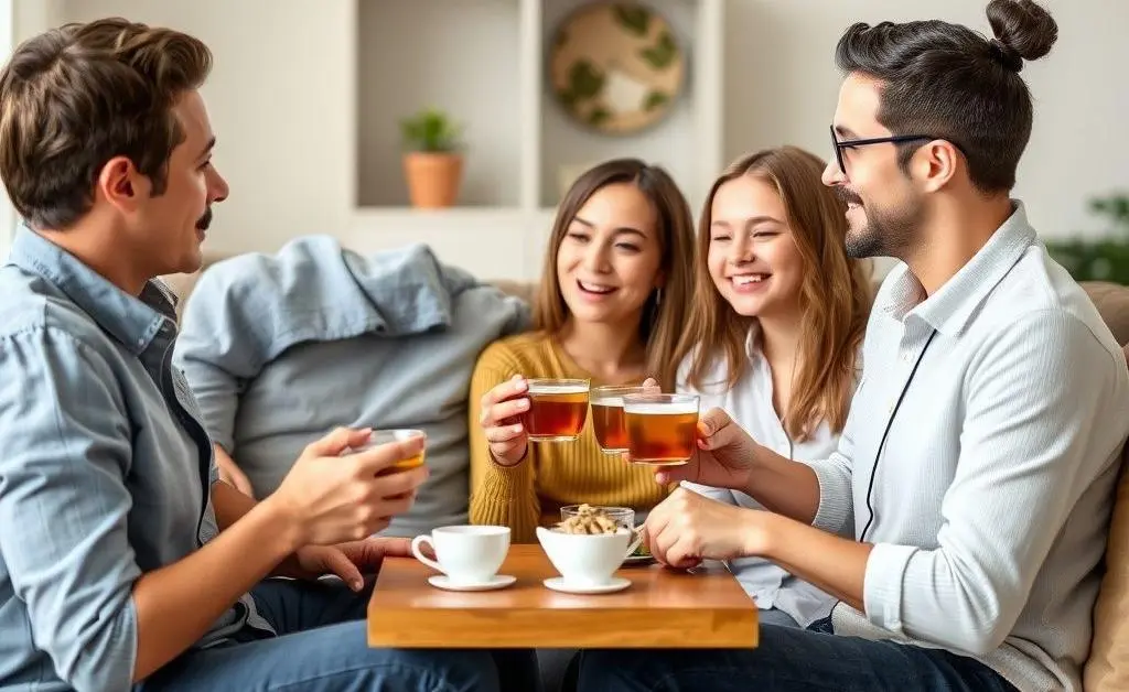 A family comfortably discussing over tea, symbolizing a relaxed and informed home buying experience