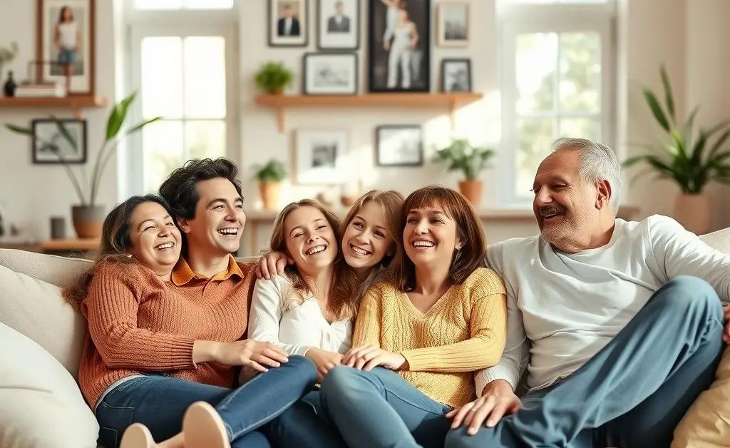 A family smiling and lounging on a living room couch.