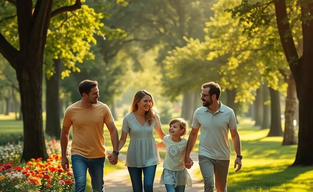 A family walking through a park, holding hands and chatting, representing balance and connection.