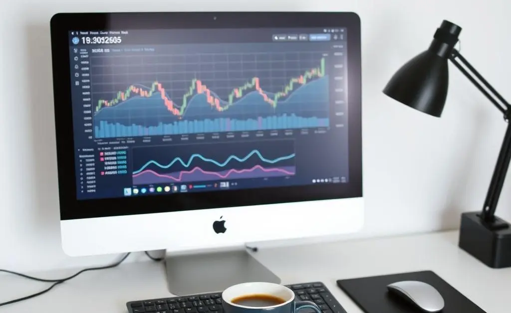 Minimalist desk setup with a computer displaying finance graphs and a cup of coffee.