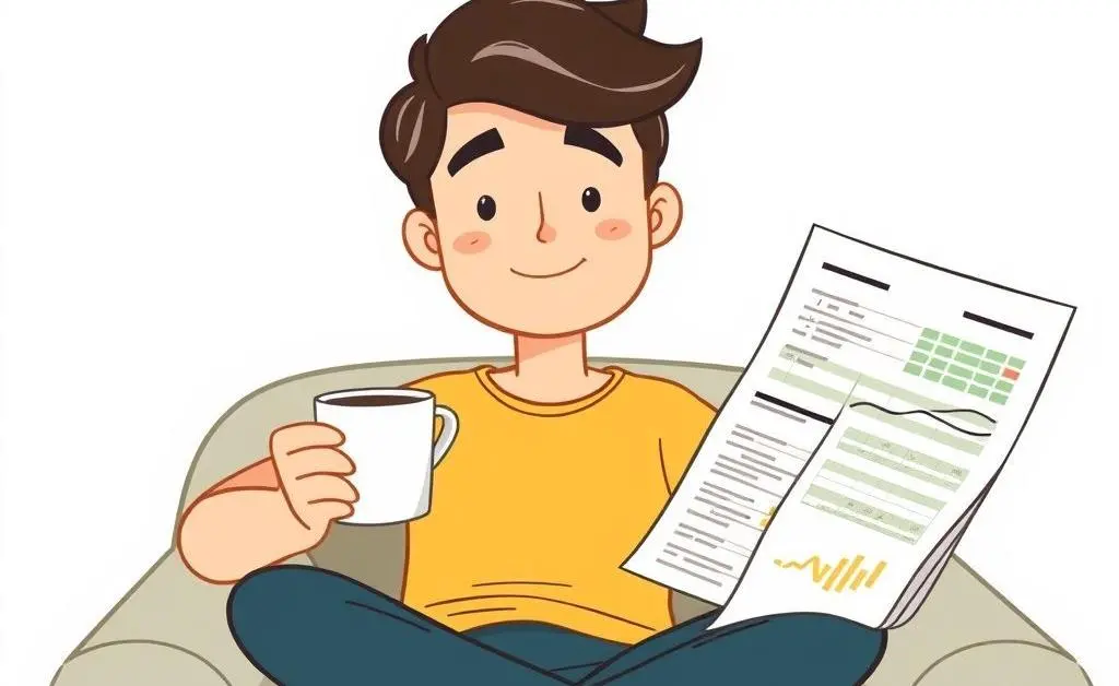 A cartoon of a person sitting relaxed with a cup of coffee and financial spreadsheets