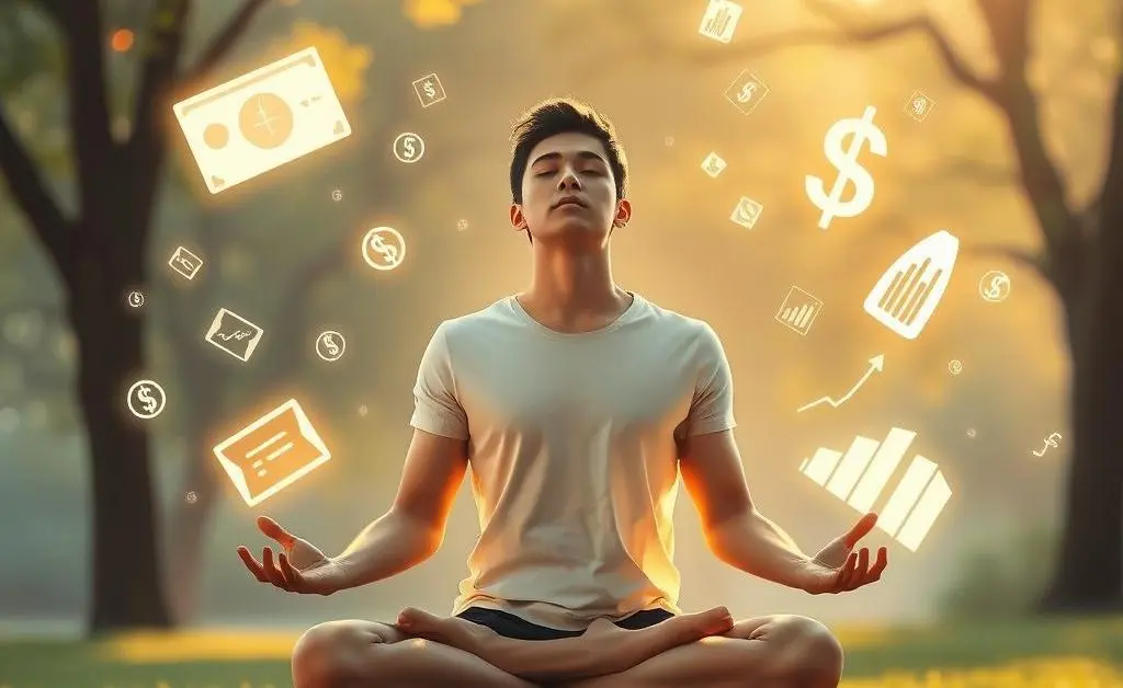 A relaxing scene of a person meditating with bank and financial symbols floating around them.