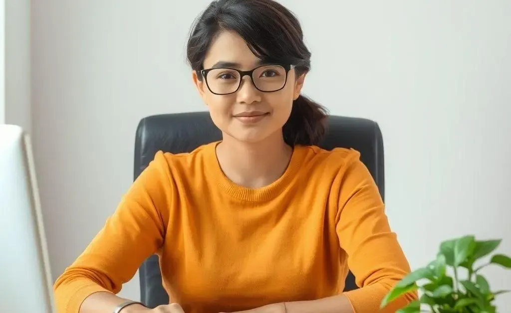 A person sitting calmly at a desk, surrounded by financial tools and a plant.