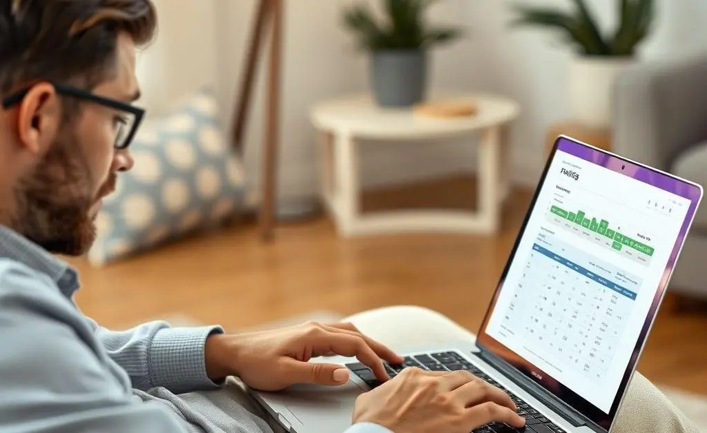 A scene of someone calmly working on their laptop with a financial planning app, surrounded by relaxed decor.