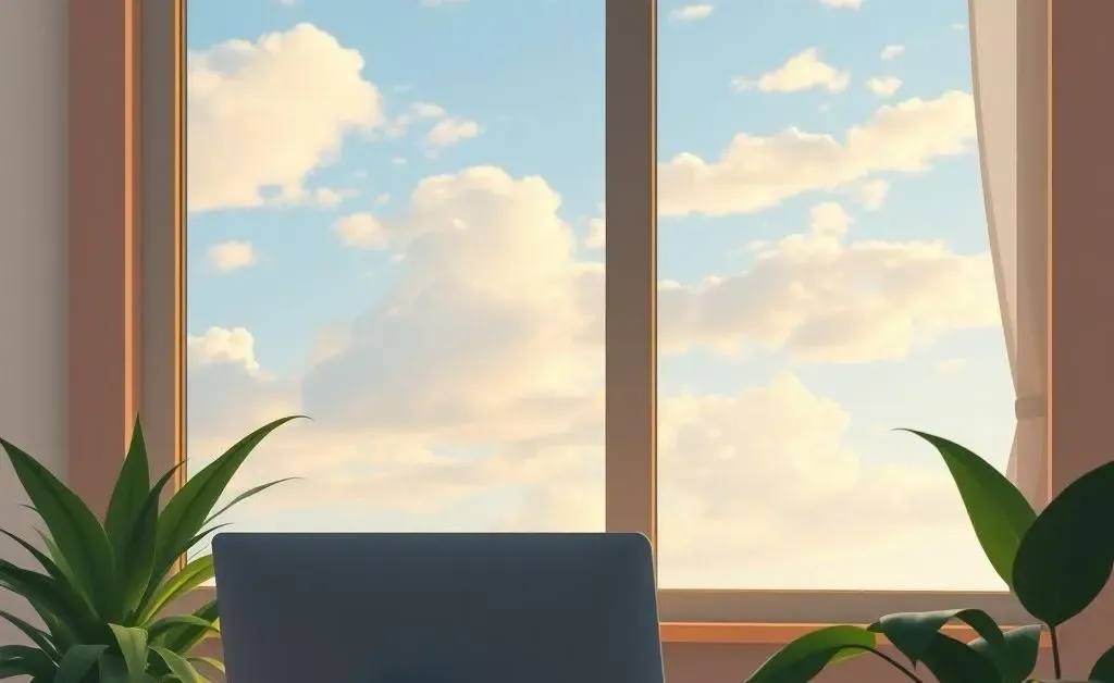 A person calmly working at a computer with a coffee mug, plants, and a window showing a peaceful sky.