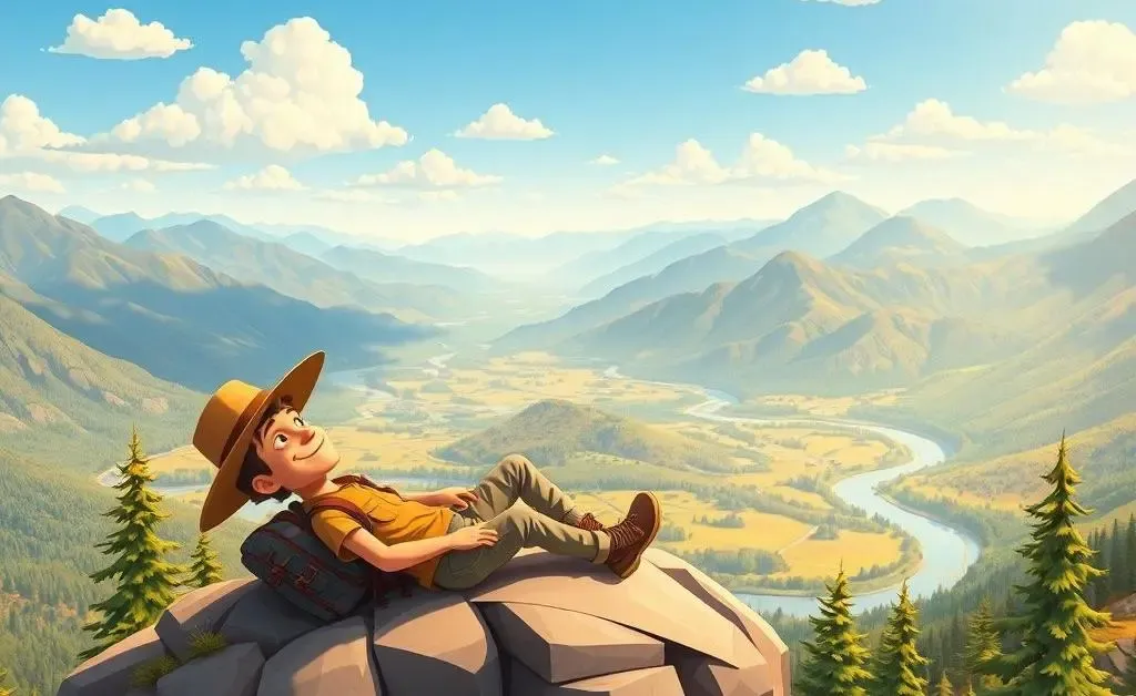 A relaxed hiker sitting on a mountain top overlooking a valley