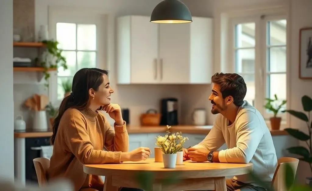 A calm setting with a couple discussing home buying plans over a kitchen table.