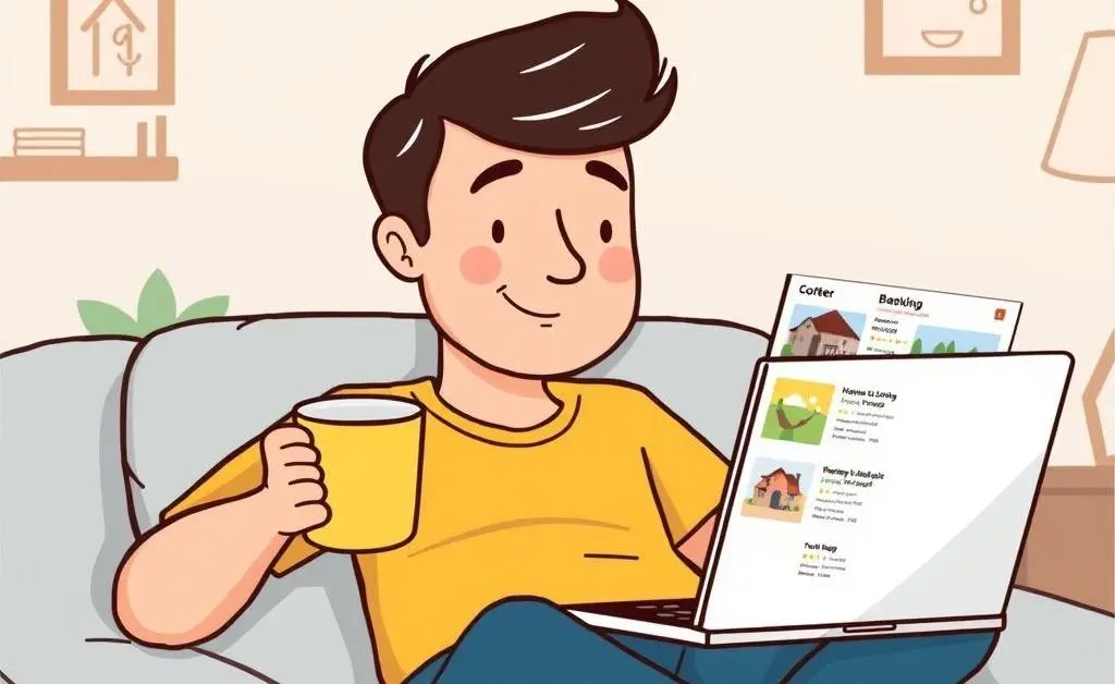 A person relaxing with a cup of coffee while browsing home listings on a laptop