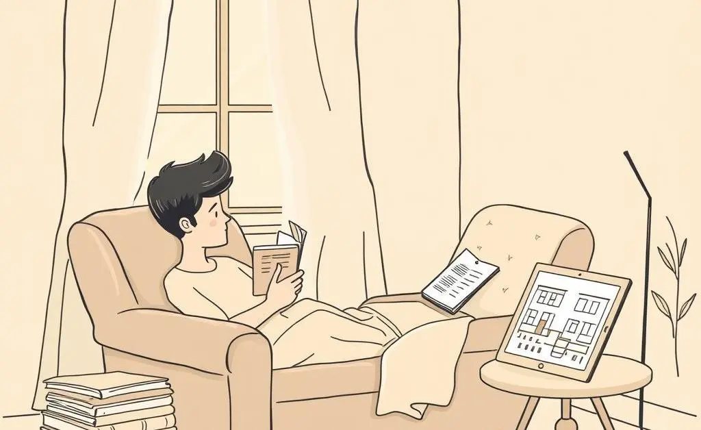 A calming, hand-drawn image of a person relaxing with a book, planning their home-buying journey.