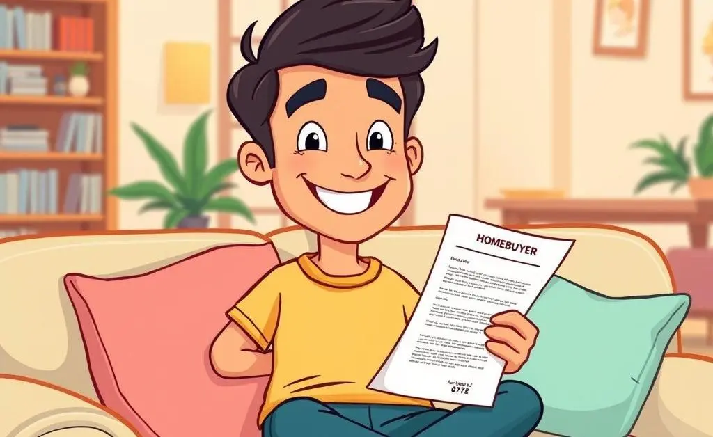 Cartoon of a homebuyer feeling relaxed with a mortgage offer.