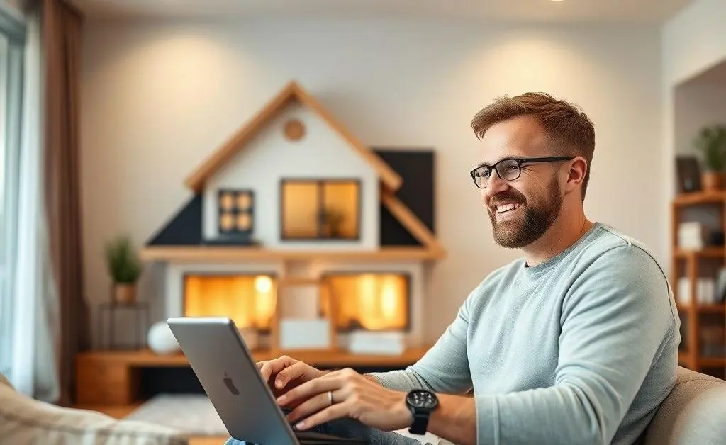 A happy individual looking at a new house online from the comfort of a living room.