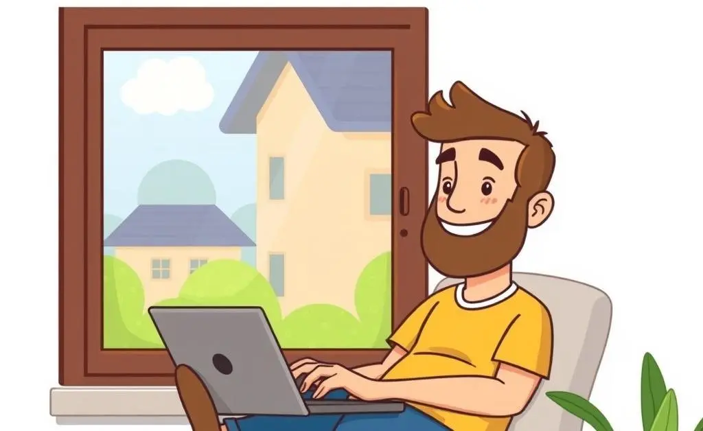 A cartoon-style image of a relaxed homeowner sitting by a window, checking mortgage rates on a laptop.