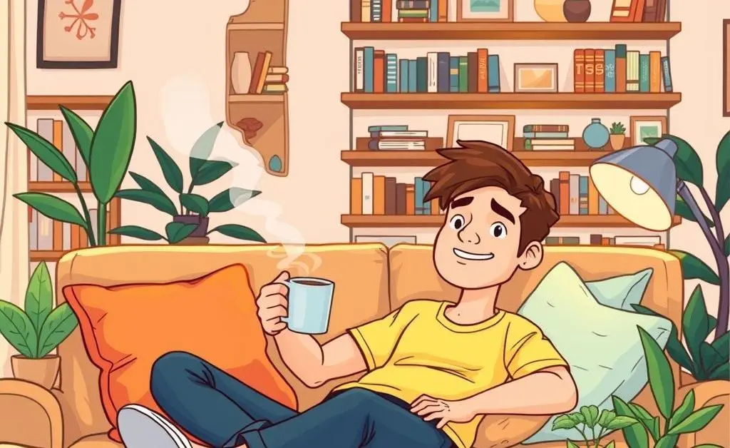 Relaxed homeowner sipping coffee in the living room.