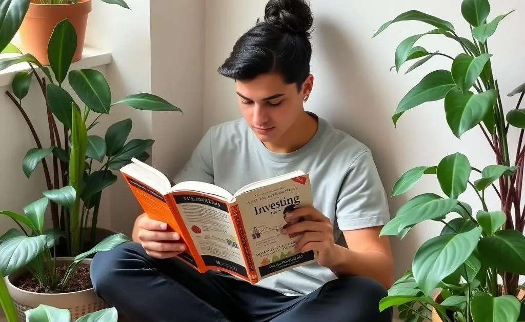 A person reading about investing in a cozy corner.