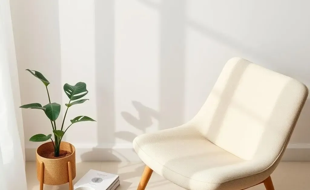 A minimalist room setting with soft light, a plant, a cup of tea, and a few investment books scattered around a comfortable chair.