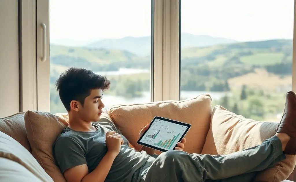 A serene moment with a young adult sitting on a sofa, holding a tablet with investment graphs, with a peaceful scenery outside the window.