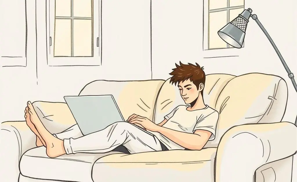 A calm investing mood with a laptop on a couch