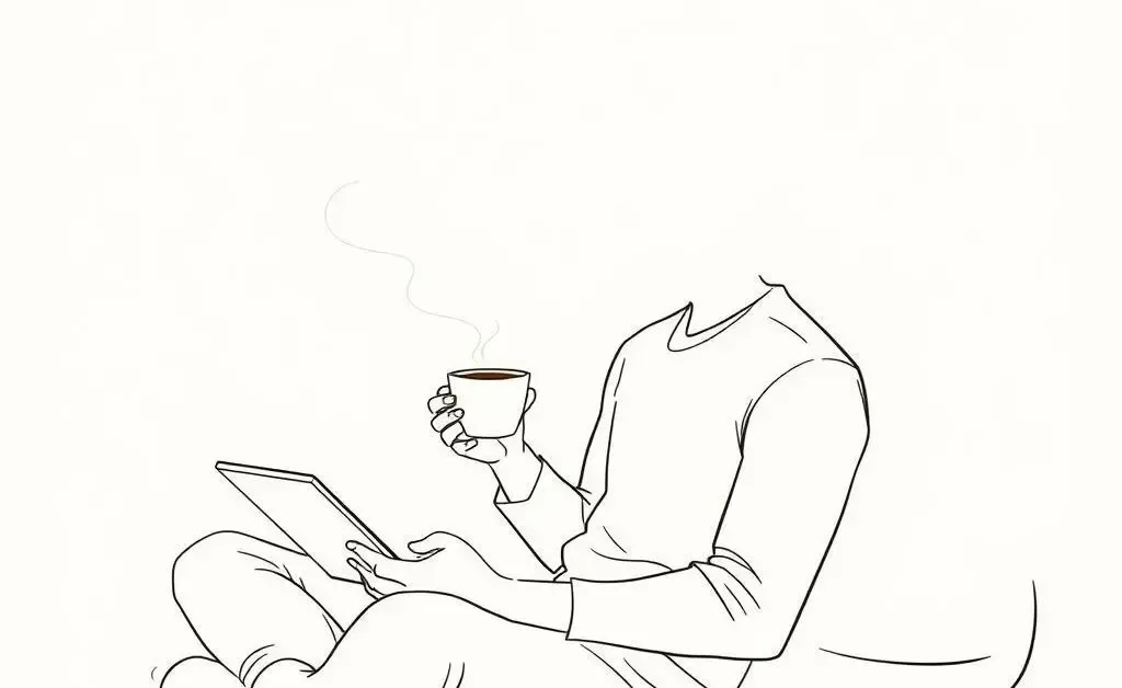 Minimalist illustration of a person calmly sipping tea while checking their financial portfolio