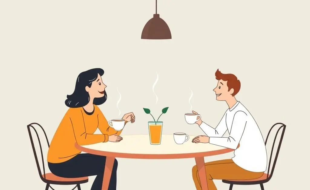 A minimalist cartoon of friends over tea discussing life insurance and investments