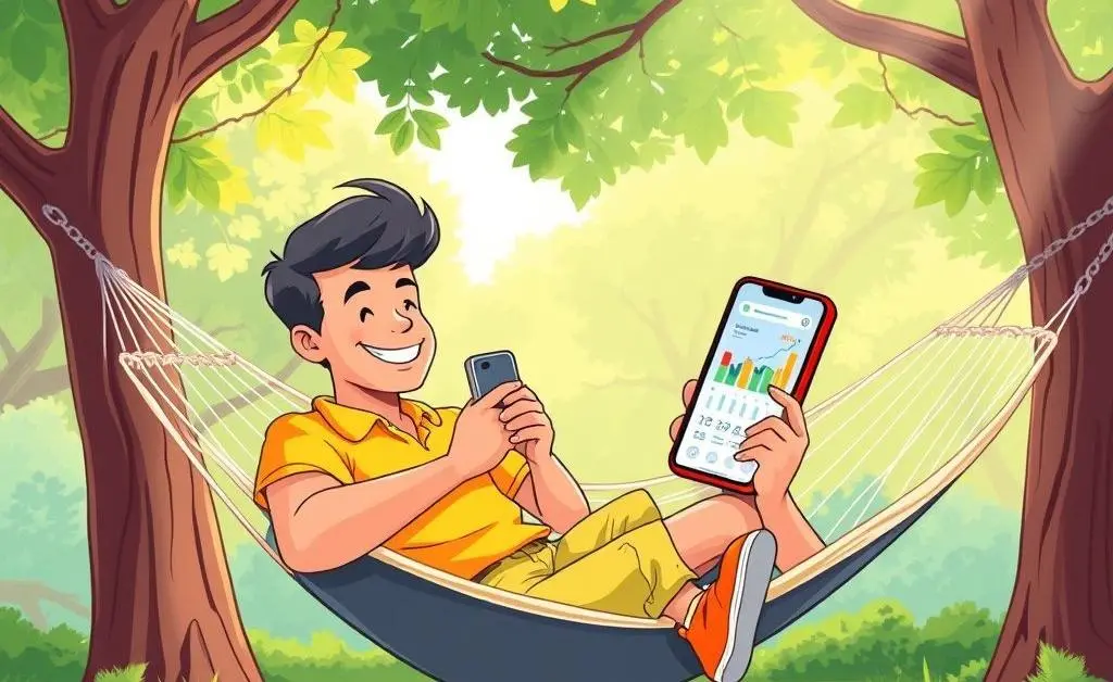 Cartoon-style image of a relaxed person sitting on a hammock with a smartphone displaying an investment app.