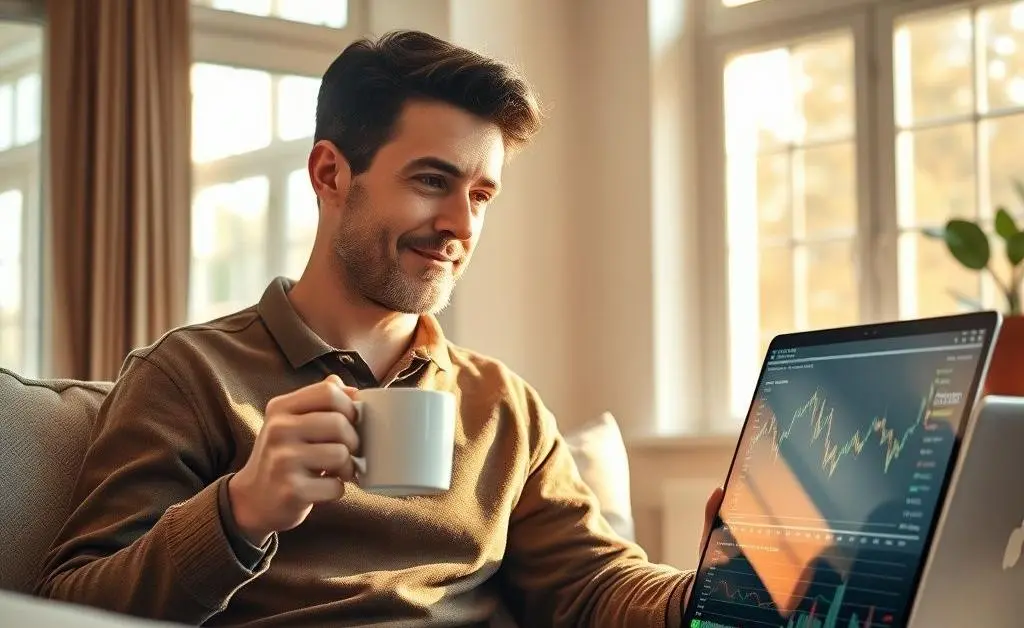 A calm and relaxed investor sipping coffee at home, with a view of the stock market on a laptop screen.